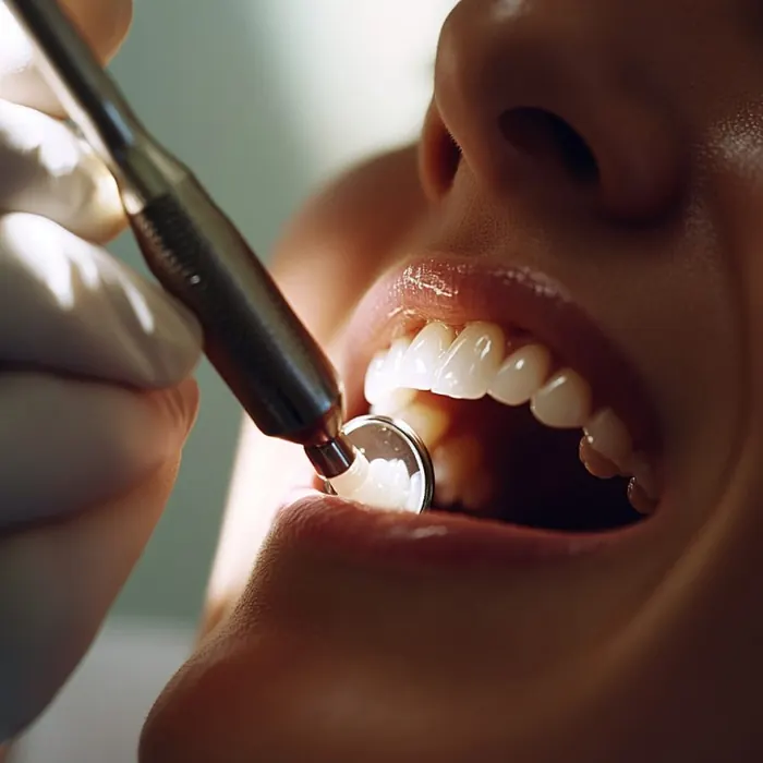 Una profesional dental puliendo los dientes de un paciente.