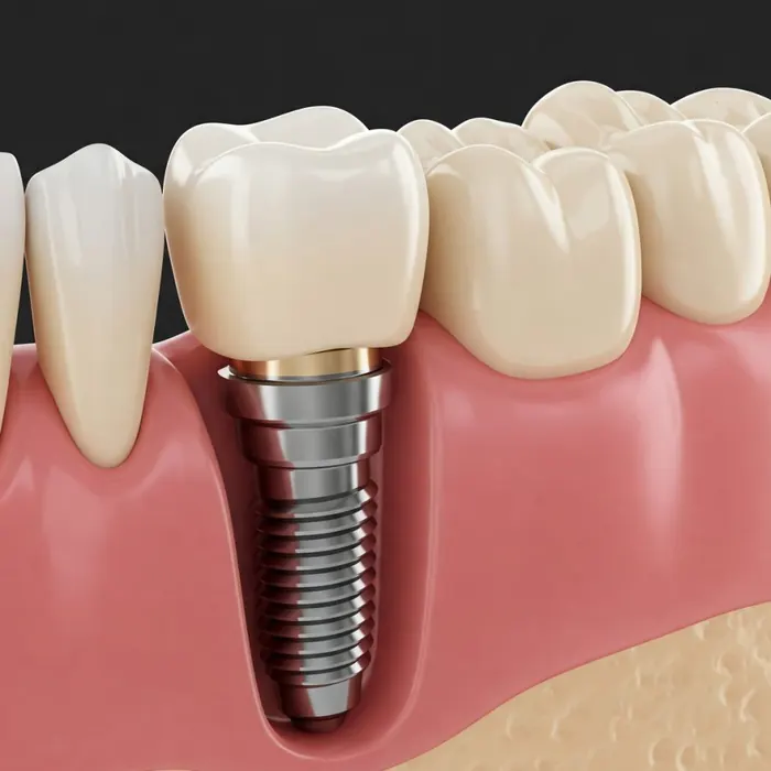 Ilustración de un implante dental que sostiene una corona.